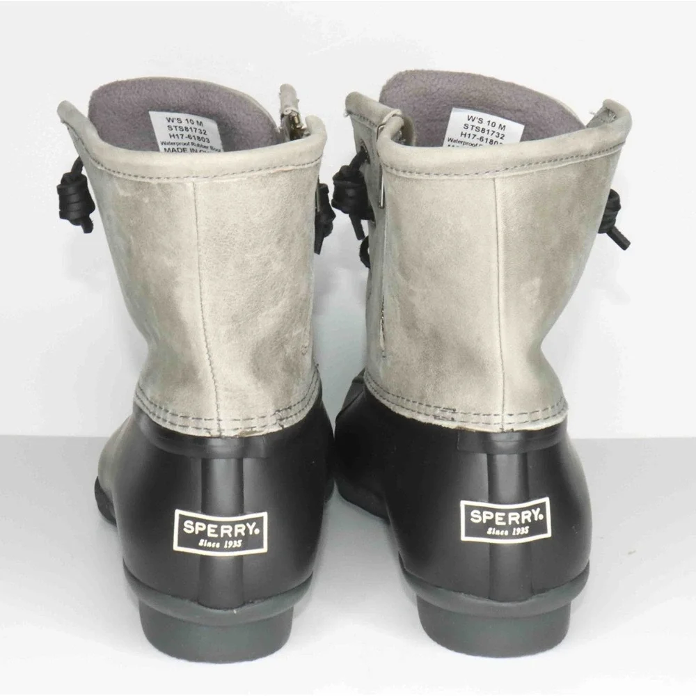 Sperry Saltwater Black Gray Waterproof Lace Up Ankle Rain Boot Leather Women 10M